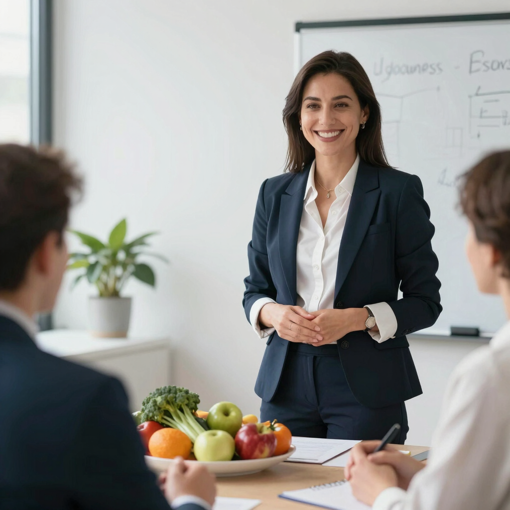 A professional female consultant smiling during a meeting at the Juiy office.
