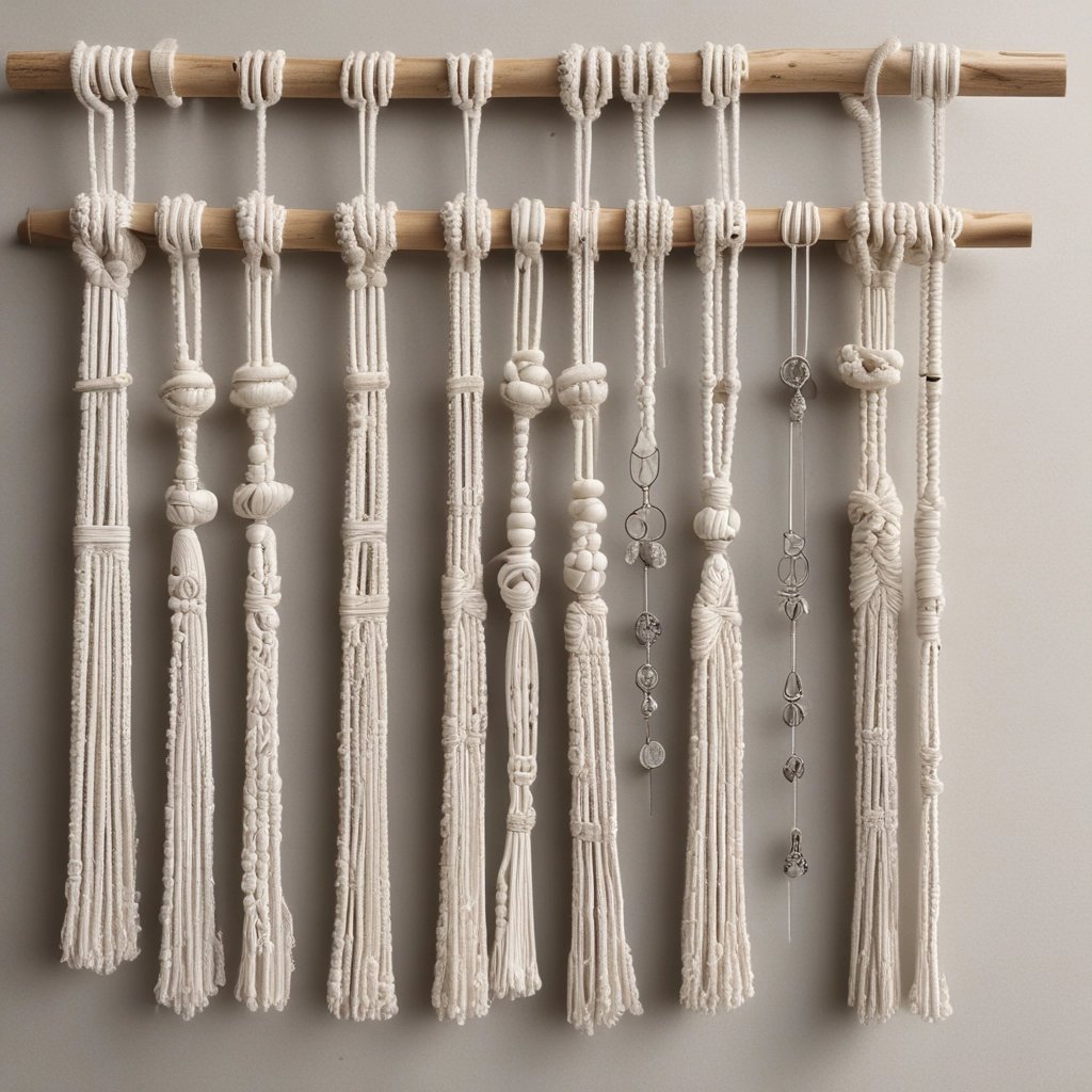 Tapiz de macramé estilo boho hecho a mano con borlas de cordón de algodón blanco en varillas.