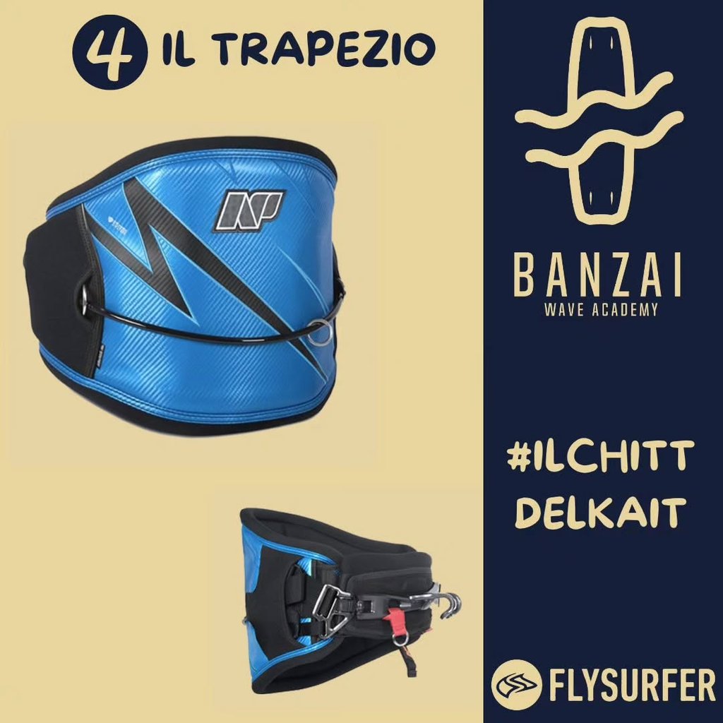 un classico trapezio a fascia per la connessione ad una vela da kitesurf