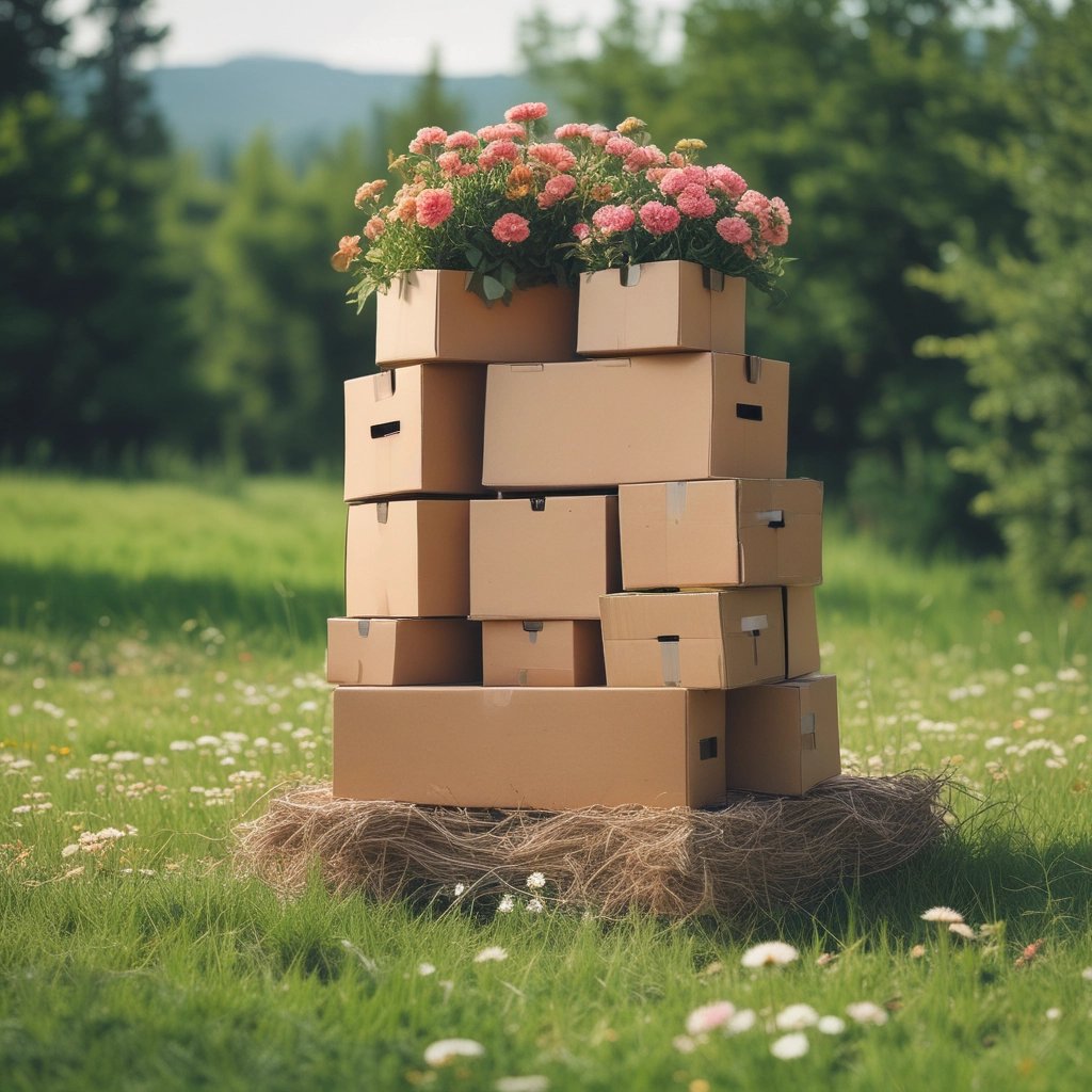 a stack of boxes with flowers on top of it in a meadow