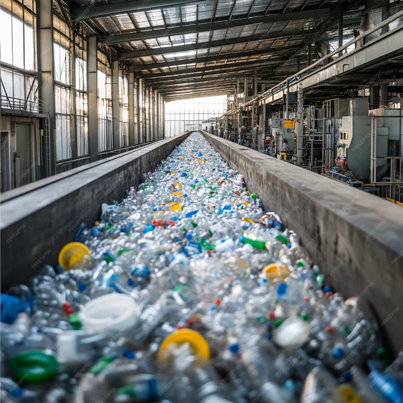 Plastic bottles moving on a conveyor belt at a modern recycling facility for waste management.