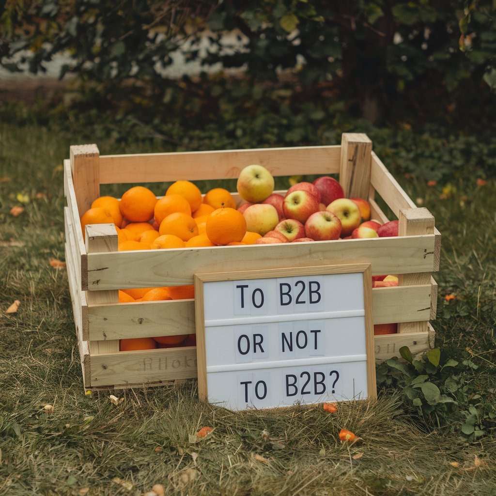 crate of fruit containing oranges and apples and a sign saying: to b2b or not to b2b