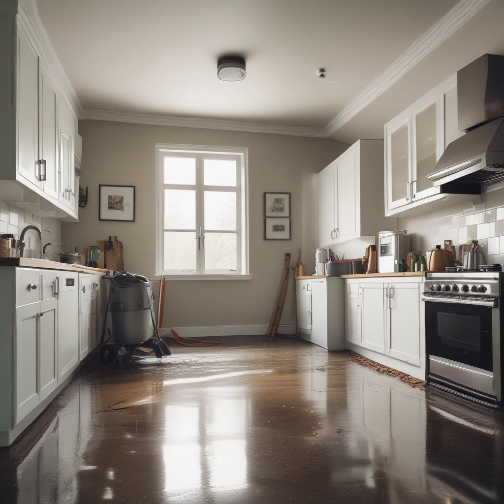 An indoor space under renovation, featuring a bar counter with various construction materials and tools scattered around. The walls are decorated with floral wallpaper. Multiple pendant lights hang from the ceiling, casting a warm glow. A ladder and several cardboard boxes are visible in the background.