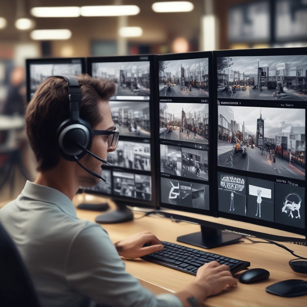 A professional monitoring agent at a desk with multiple live camera feeds displayed on screen.