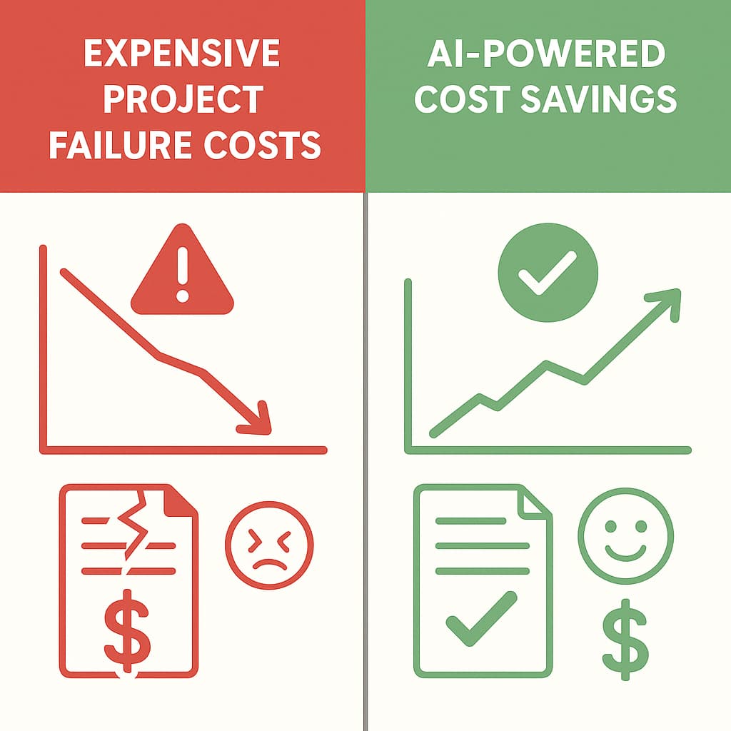 Visual comparison between traditional project failure costs and AI-powered project savings