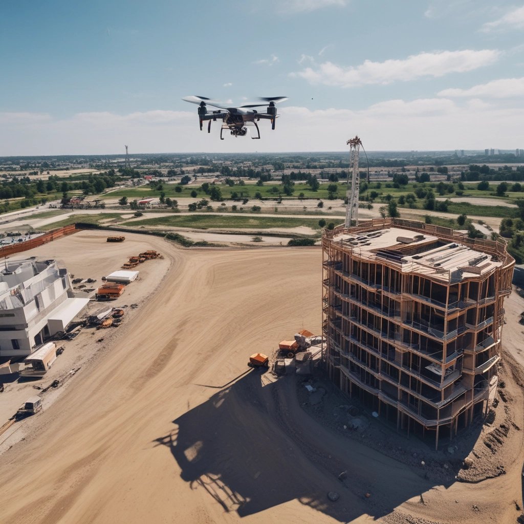 A white drone is positioned on a dirt path in a natural, outdoor setting. Surrounded by rolling hills and grass with a bright sky, the drone is equipped with a camera and seems ready for flight.