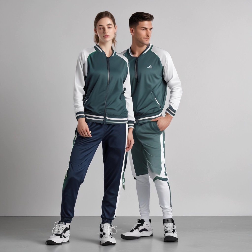a man and woman in matching green and white tracksuits