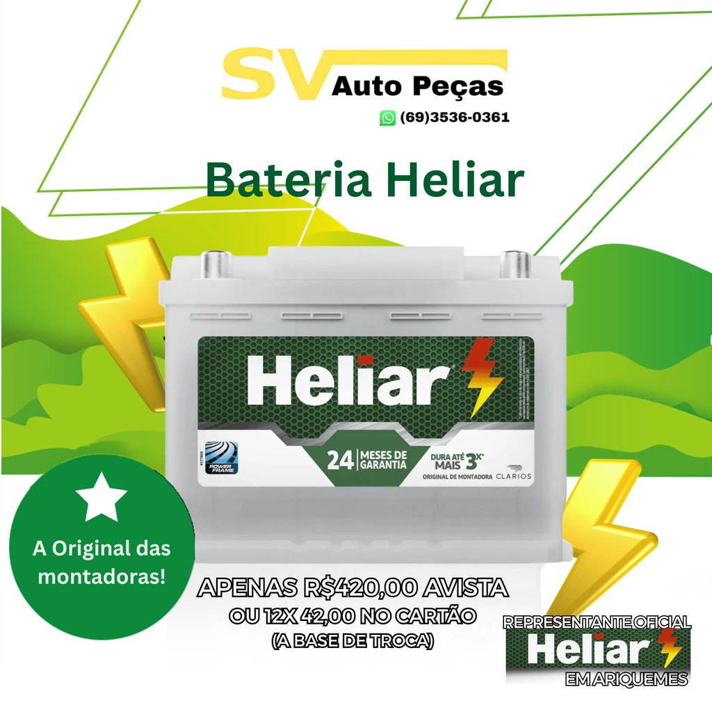 Bateria Heliar automotiva em promoção na SV Auto Peças com 24 meses de garantia em Ariquemes.