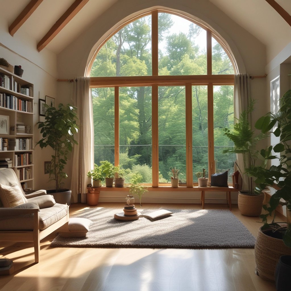 A serene landscape featuring a tranquil forest with sunlight filtering through the trees, symbolizing peace and connection with nature.