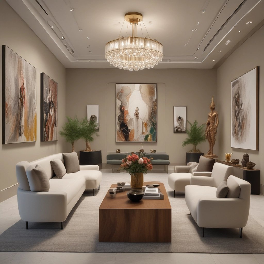 A vibrant art installation featuring a mix of traditional and contemporary pieces.