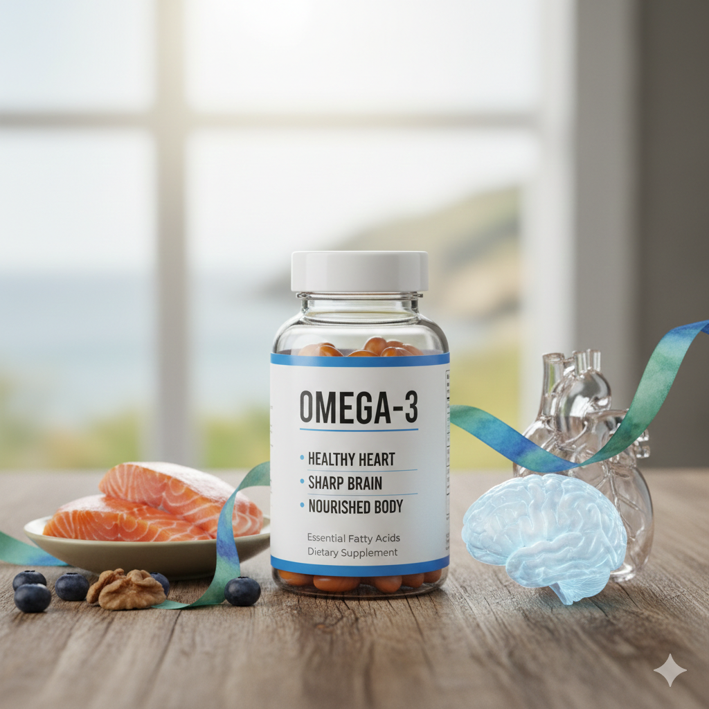 Omega-3 fish oil supplement bottle with salmon, walnuts, and icons for heart and brain health.