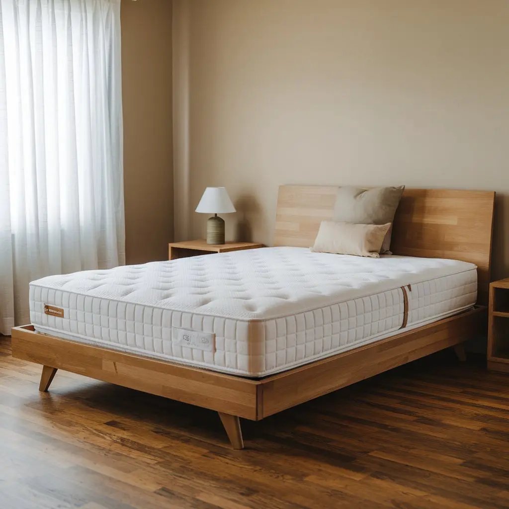 Un matelas en mousse sur un lit en bois dans une chambre