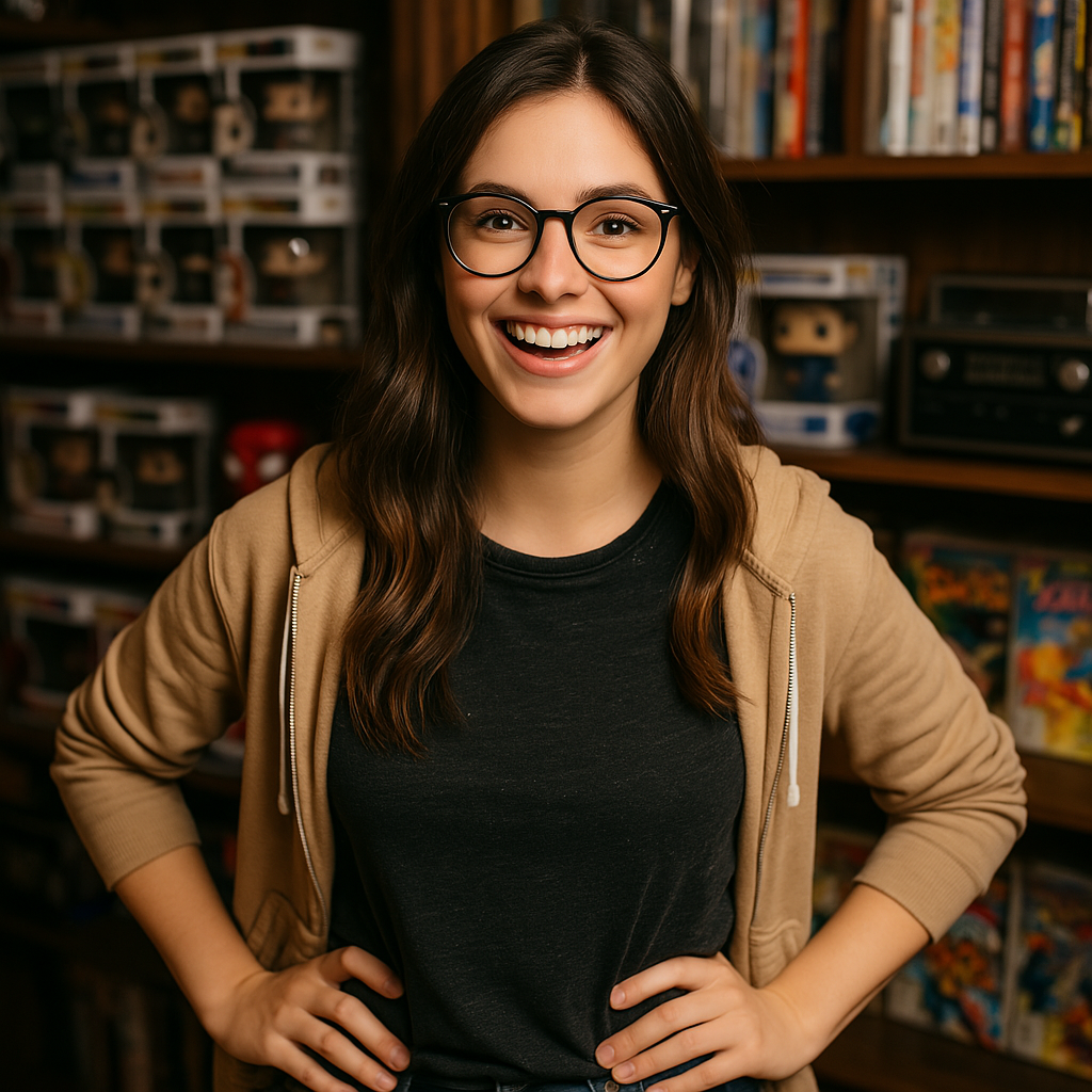 a woman in glasses and a black top