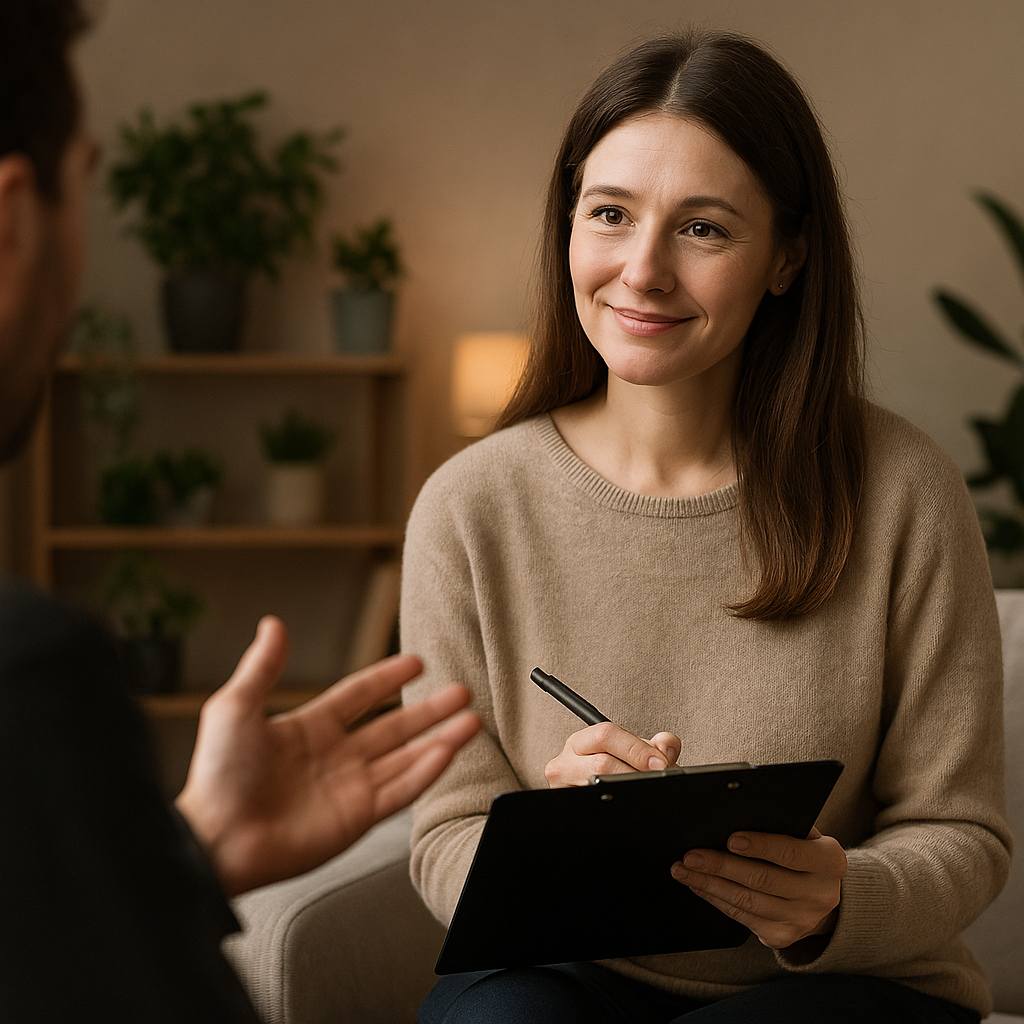 Therapist smiling and listening to a client during a counselling session.