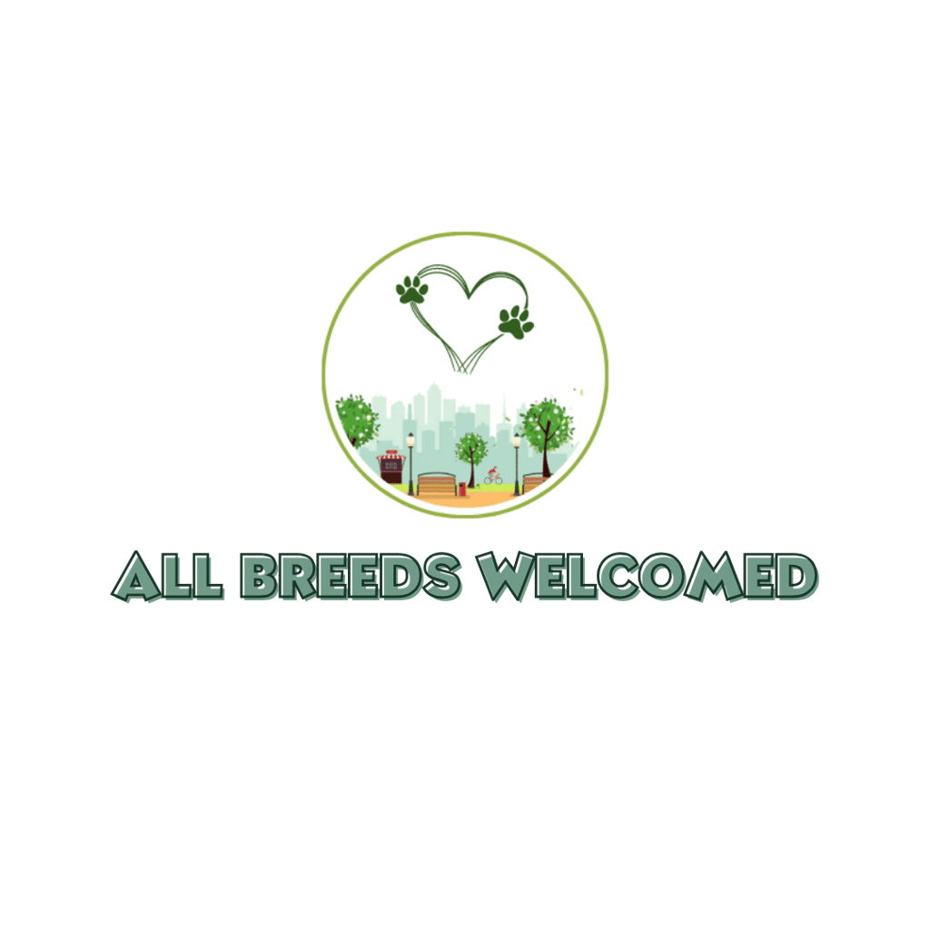 Julia's Pet Pal website element circle with a park and heart in the sky and text saying 'all breeds welcomed'