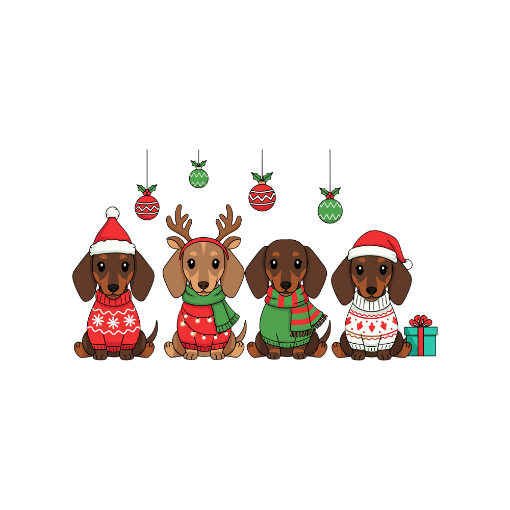 three dogs dressed in christmas attire, including a reindeer
