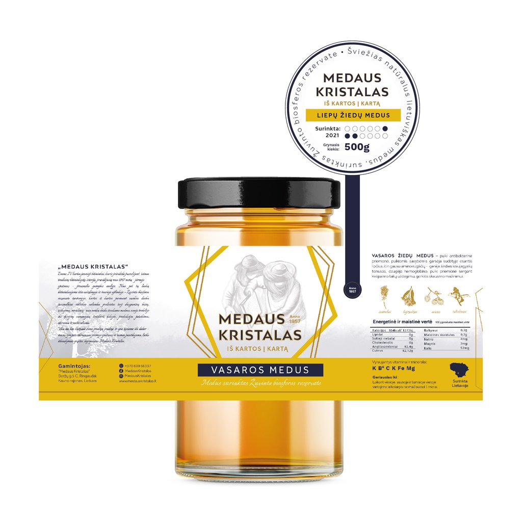 Natural honey label yellow color, beekeepers illustration, dark blue text