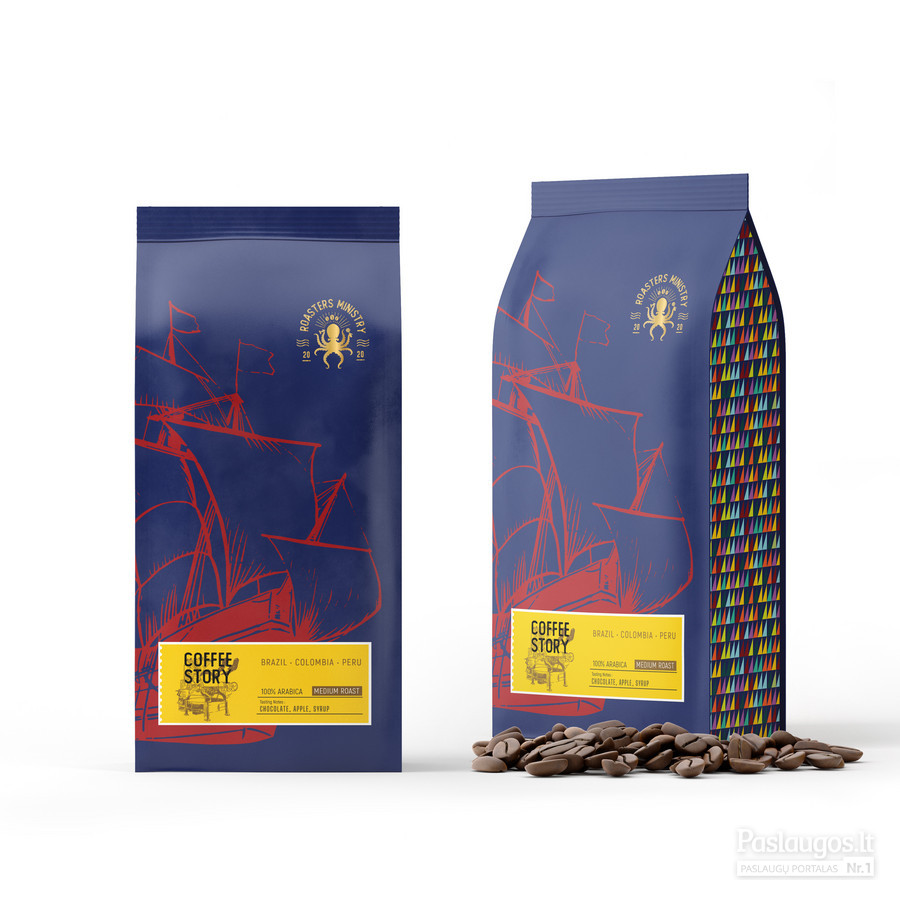 coffee bags with stickers, dark blue color and red boat picture, yellow sticker with taste notes
