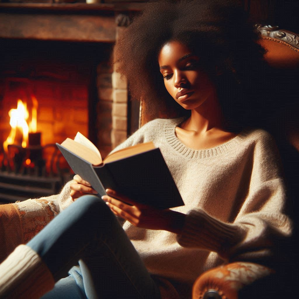 A woman with big hair sitting and reading a book in front of a roaring fire in the fireplace