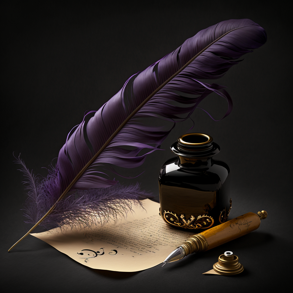 AI generated image of a purple quill, a black ink bottle, and a sheet of parchment with lines of text