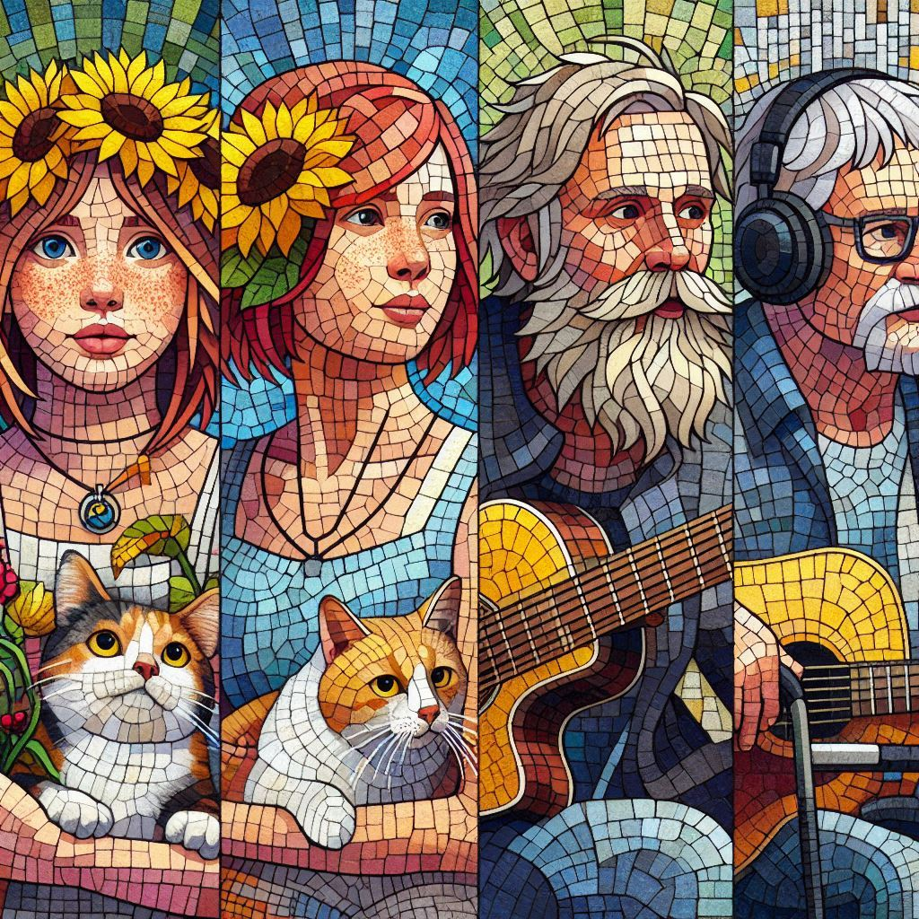 A divided panel of four different people pictured in a colourful mosaic form