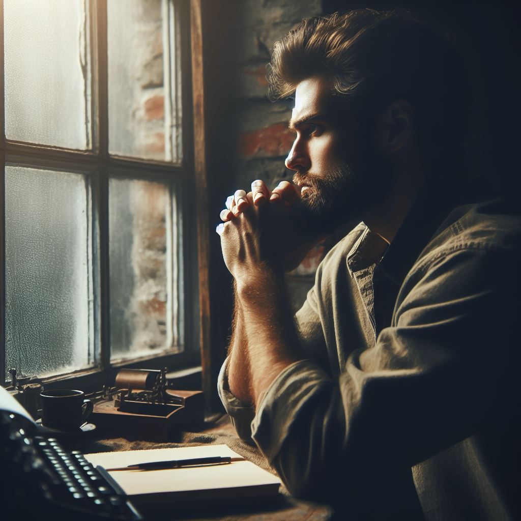 A male 20-something writer sitting at a bench with a pad, pen, & typewriter in front of a rain-streaked window
