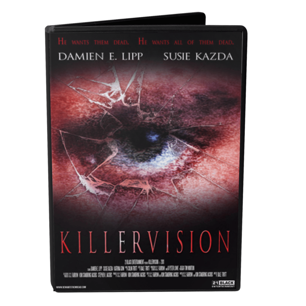DVD cover featuring a red-hued close-up image of an eye peering through shattered glass