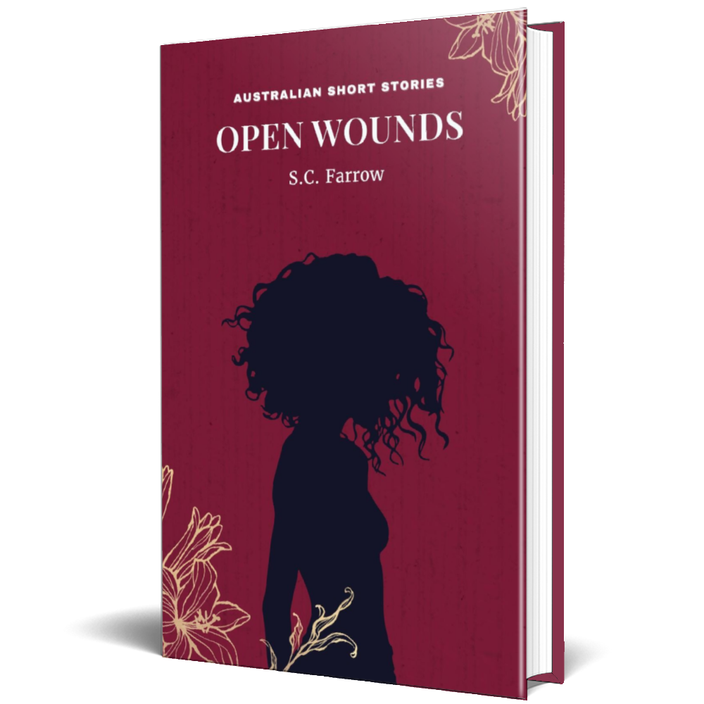 3D cover of a crimson-coloured book cover featuring the silhouette of a woman with a mop of wavy hair and line art flowers
