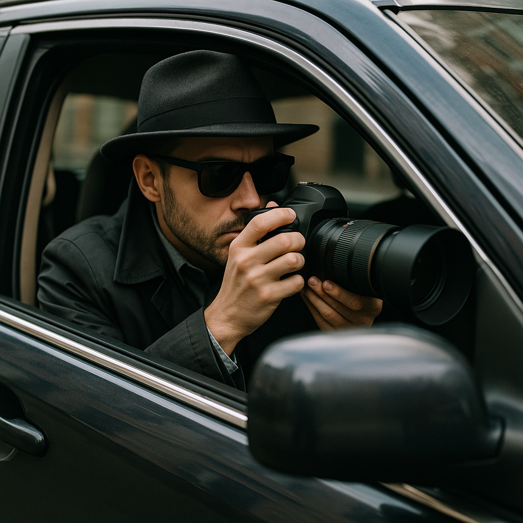 Private investigator in a fedora and sunglasses taking surveillance photos with a DSLR camera from a car.
