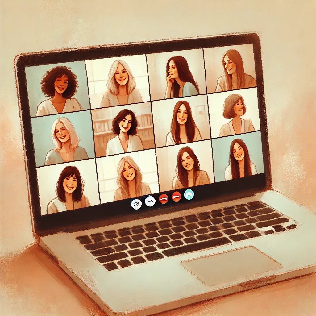 a group of women connect over a video conference indicating group coaching