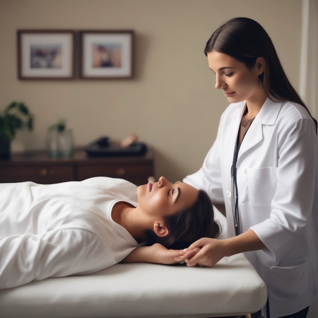 A person with long hair is sitting with their eyes closed and a gentle smile, wearing a light-colored shirt. Their hands are clasped together, resting on their chest, giving a serene and peaceful appearance. In the background, there is a soft-focus lamp, adding to the cozy atmosphere.