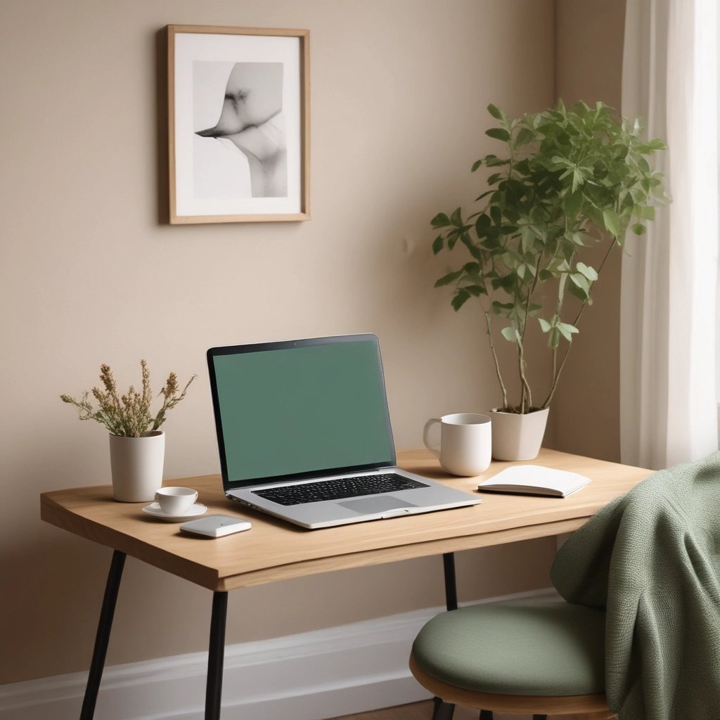 A calm, minimalist workspace with soft beige and blush tones, featuring a laptop and a cup of tea.