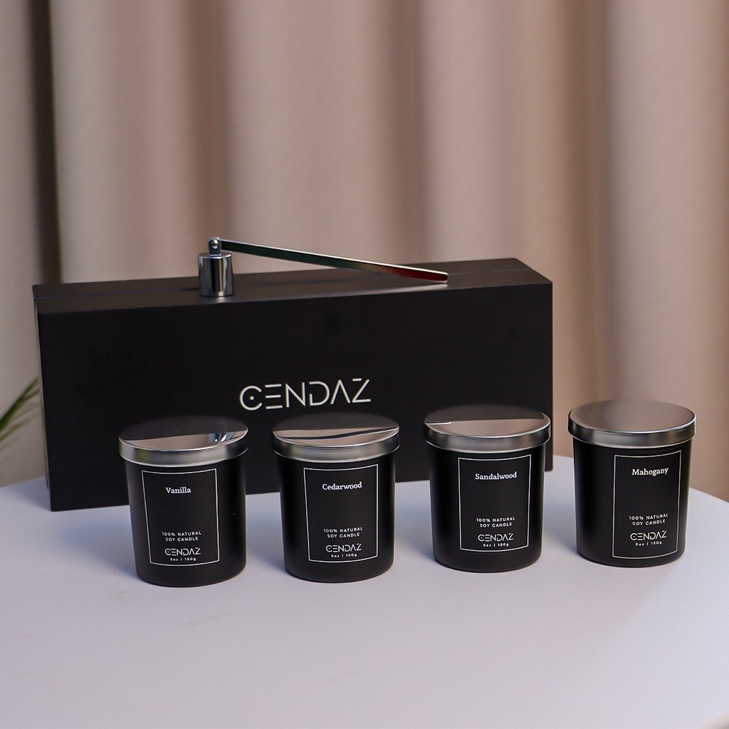 Luxury soy wax candle set with 4 jars and metal snuffer in gift box