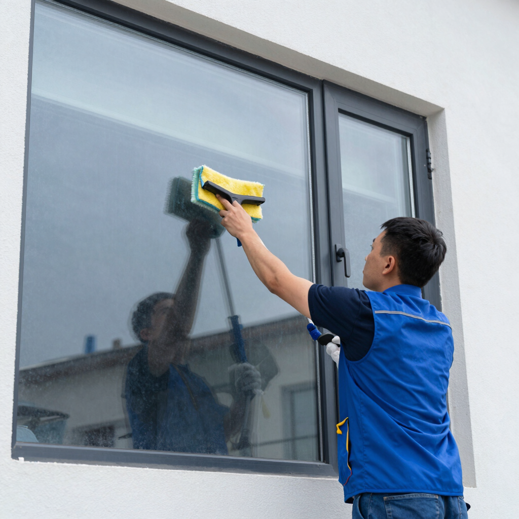 A professional cleaning technician washing large windows in a bright office.