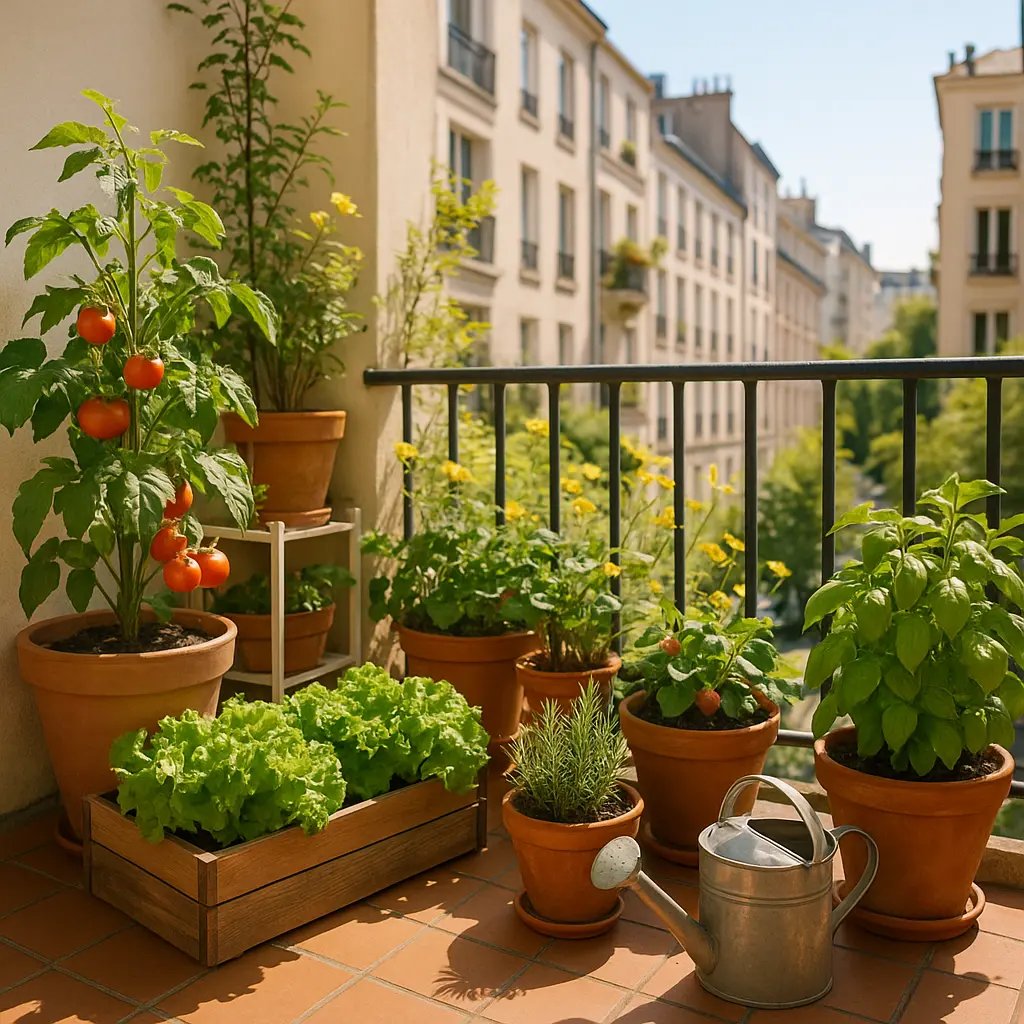 Potager de balcon ensoleillé avec des plants de tomates, de laitue, de basilic, de romarin