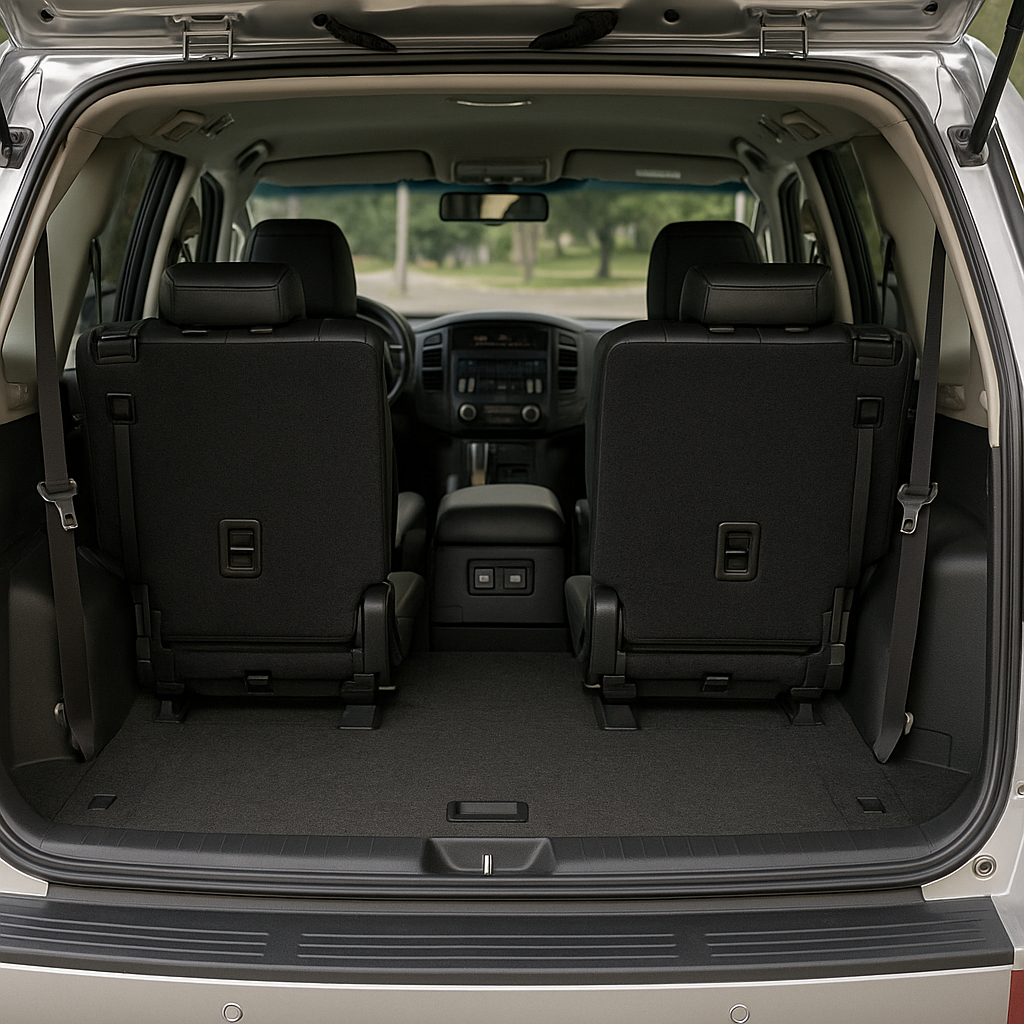 Interior da Mitsubishi Pajero Full visto do porta-malas até o painel frontal com bancos em couro