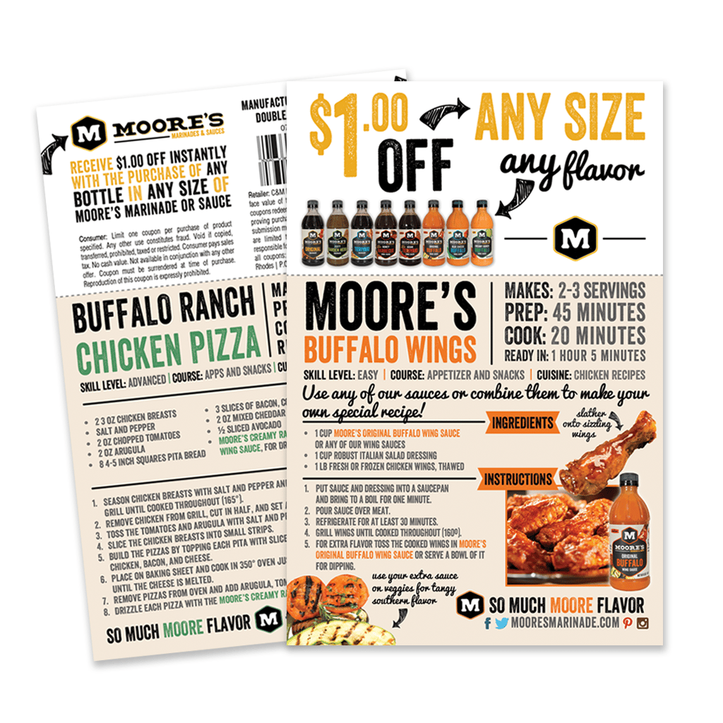Moore's Marinades and Sauces recipe cards for buffalo chicken pizza and wings with a discount coupon.
