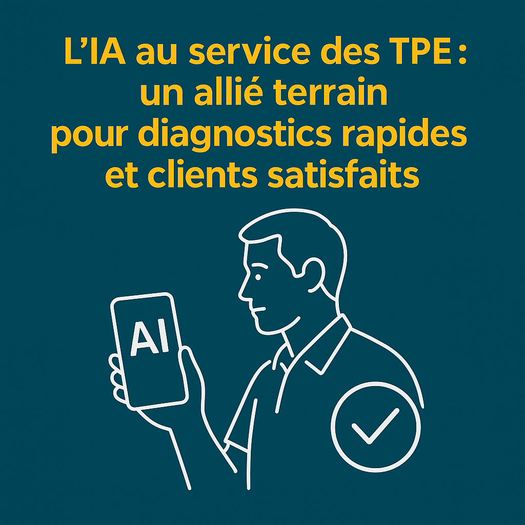 "Artisan tenant un smartphone affichant AI, icône coche, fond bleu."