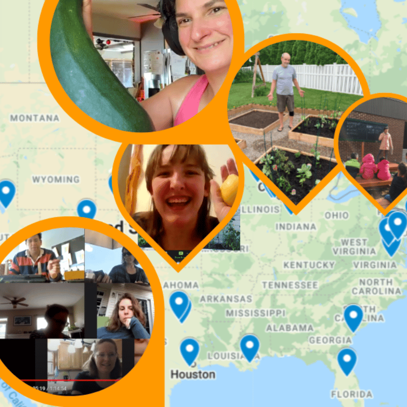 A map with photos of people and their gardens all over the United States. 