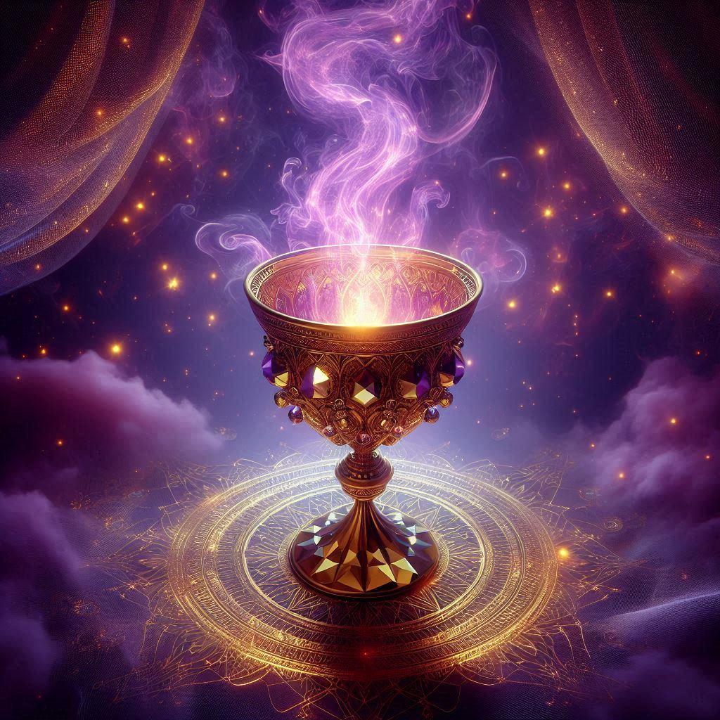 Artistic depiction of a violet flame in a golden cup with intricate sacred geometry patterns beneath