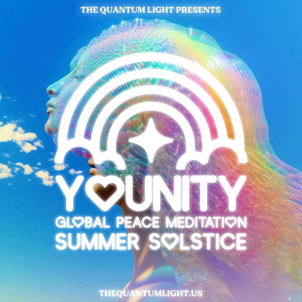Official flyer for Y♡UNITY Global Peace Meditation with an artistic depiction of a woman and rainbow