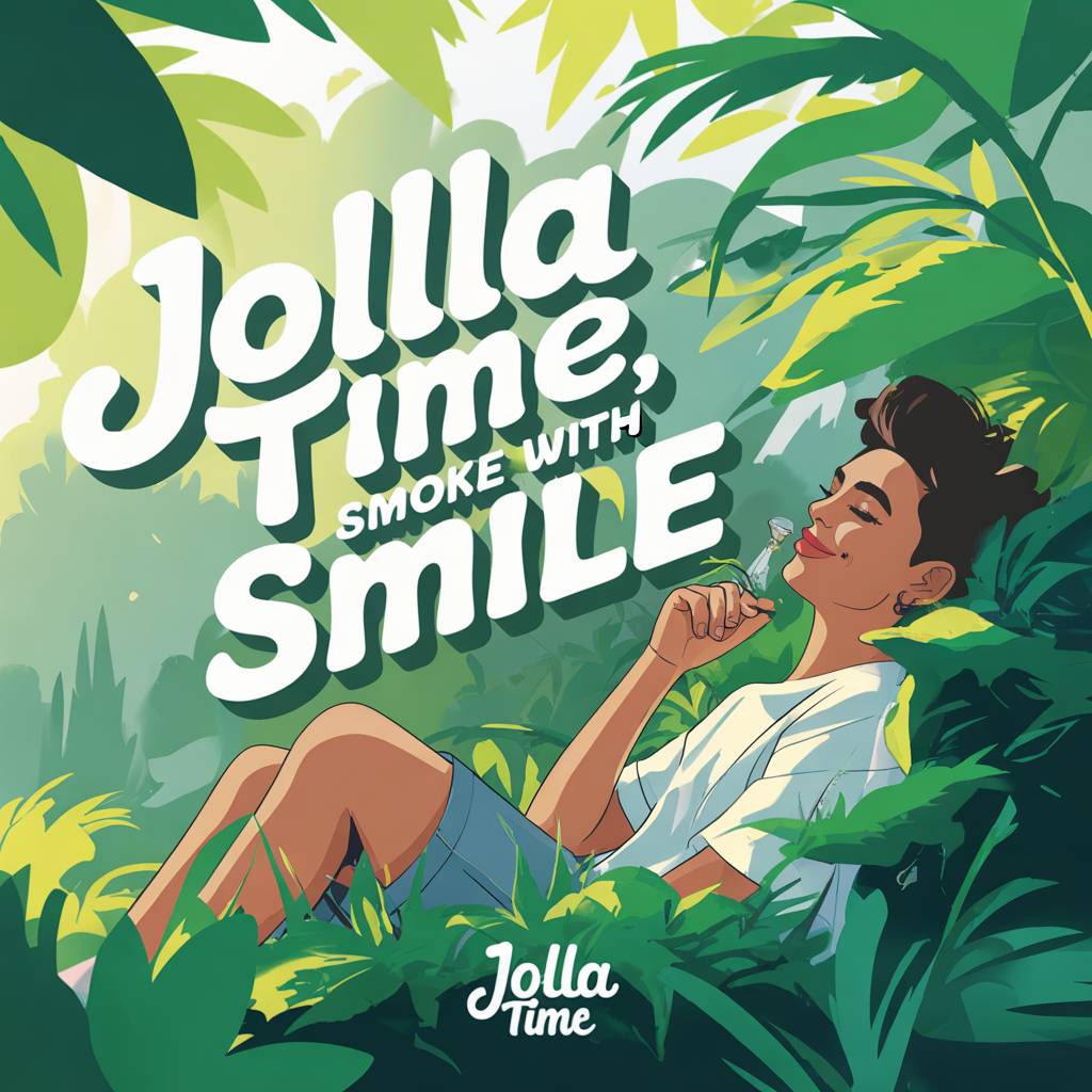 Illustrated poster for Jolla Time featuring a smiling person relaxing in lush green tropical leaves.