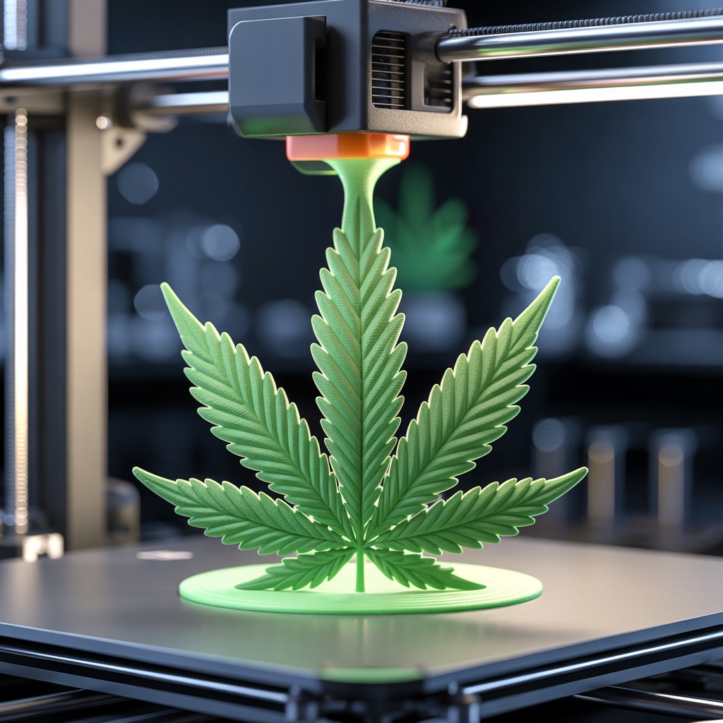 foglia di cannabis sul piano di stampa di una stampante 3d