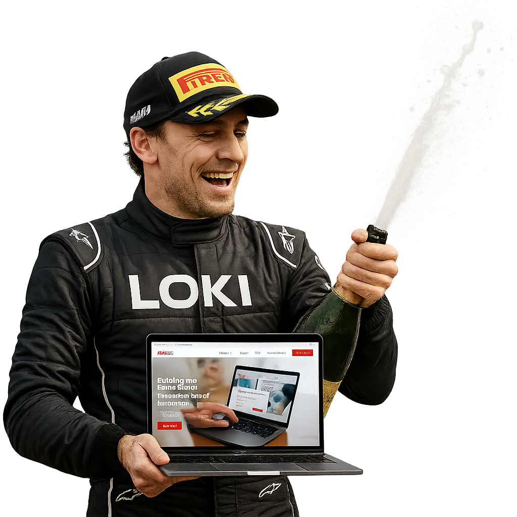 A smiling race car driver celebrating with champagne while holding a laptop displaying a website.