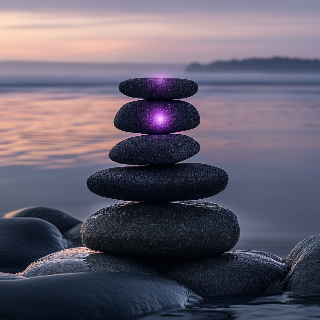 Rocks balancing in front of a peaceful pool of water