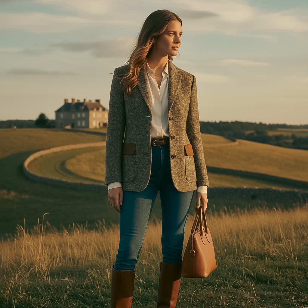 Femme debout dans la campagne avec une veste en Tweed