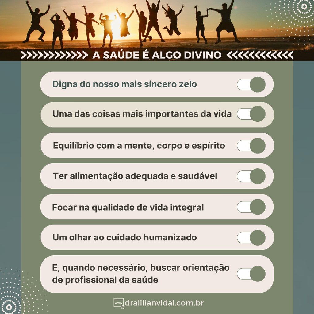 Um pôster com 7 dicas sobre saúde, e no topo da imagem, tem um grupo de pessoas pulando no ar