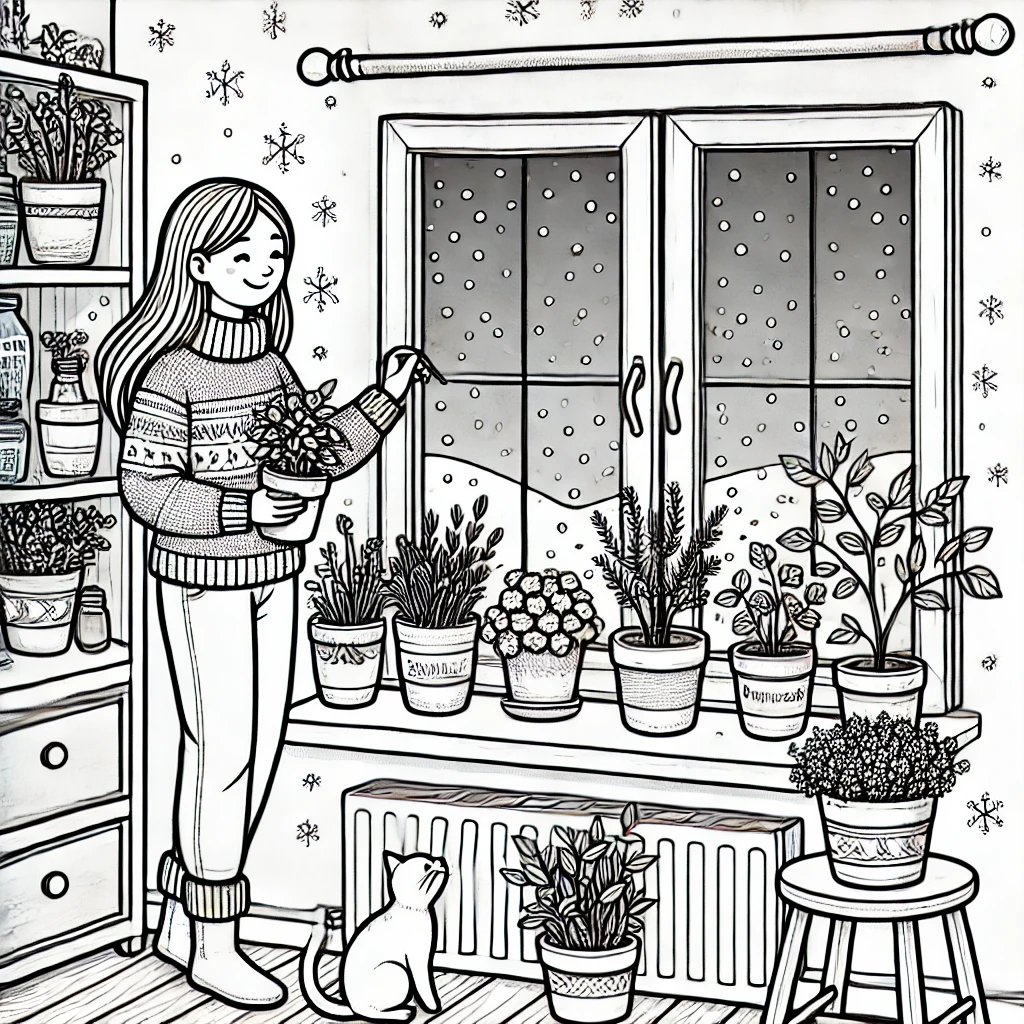 a woman in the winter with her herb garden