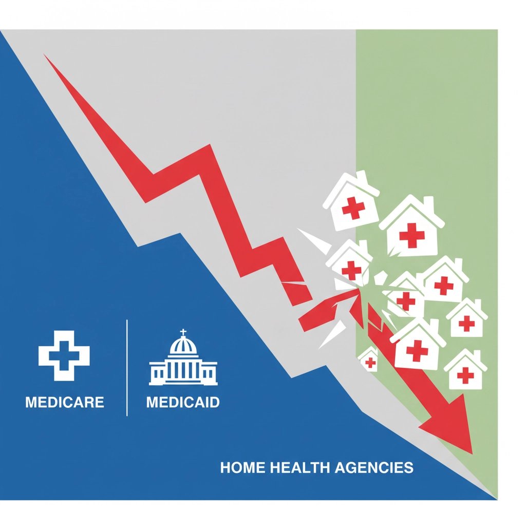 Graph showing declining Medicare and Medicaid reimbursement rates with downward trending arrows and