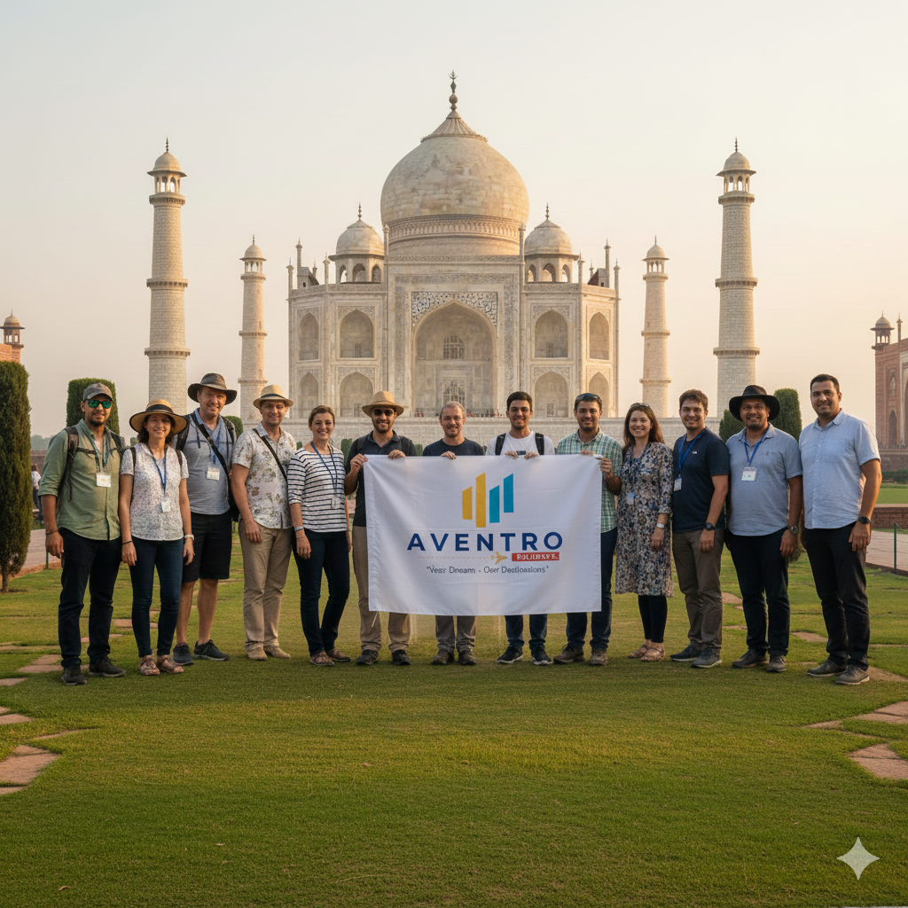 Travelers with the Maverick Holidays flag at the iconic Taj Mahal in India.